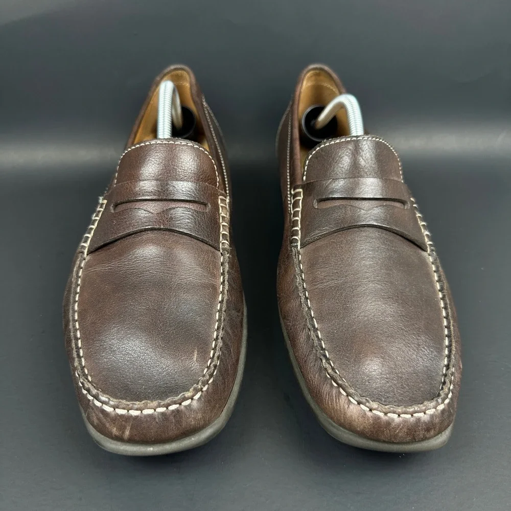 ECCO Mens Brown Leather Penny Loafers Handsewn Driving Shoes Moc 45 US 11-11.5